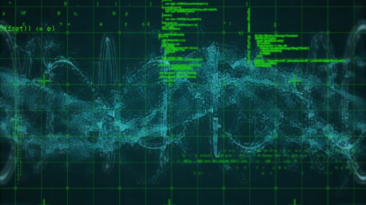 Animation of data processing over dna strand on black backgroud