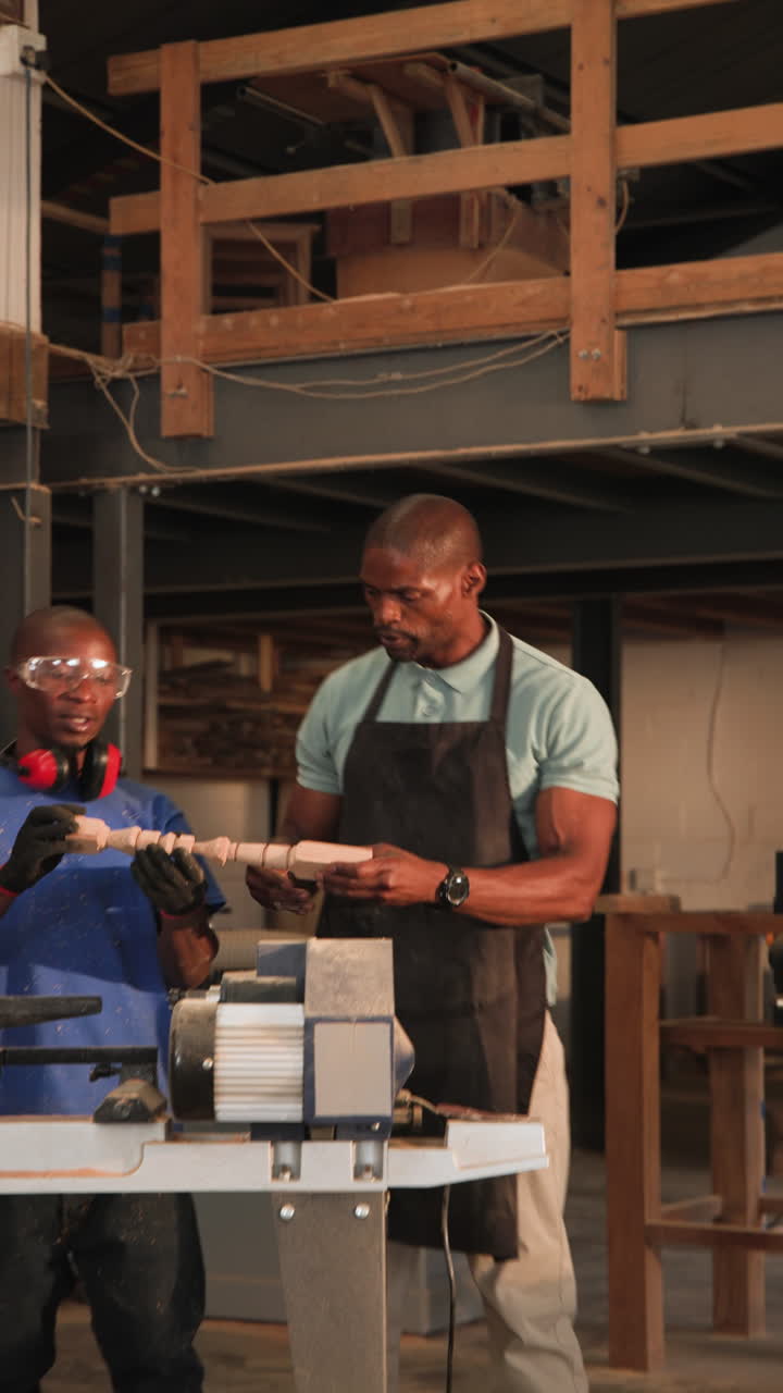 Vertical video: African American instructor guiding apprentices measuring spindle in shop for fit