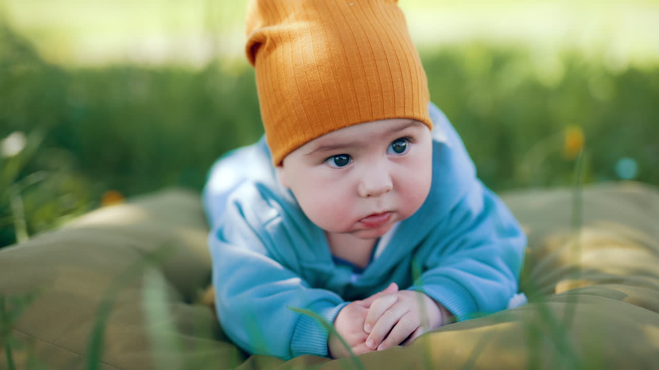 Beautiful baby boy lies on mattress outdoors with his hands folded in front of him. Cute child smiling sweetly. Close up.
