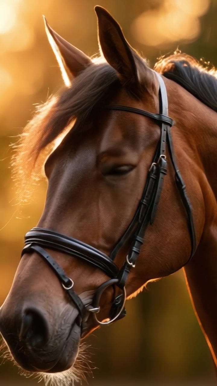 Primo piano accattivante di un maestoso cavallo marrone con sfondo soleggiato, che evidenzia i dettagli raffinati della sua criniera e briglia per appassionati di cavalli e amanti degli animali
