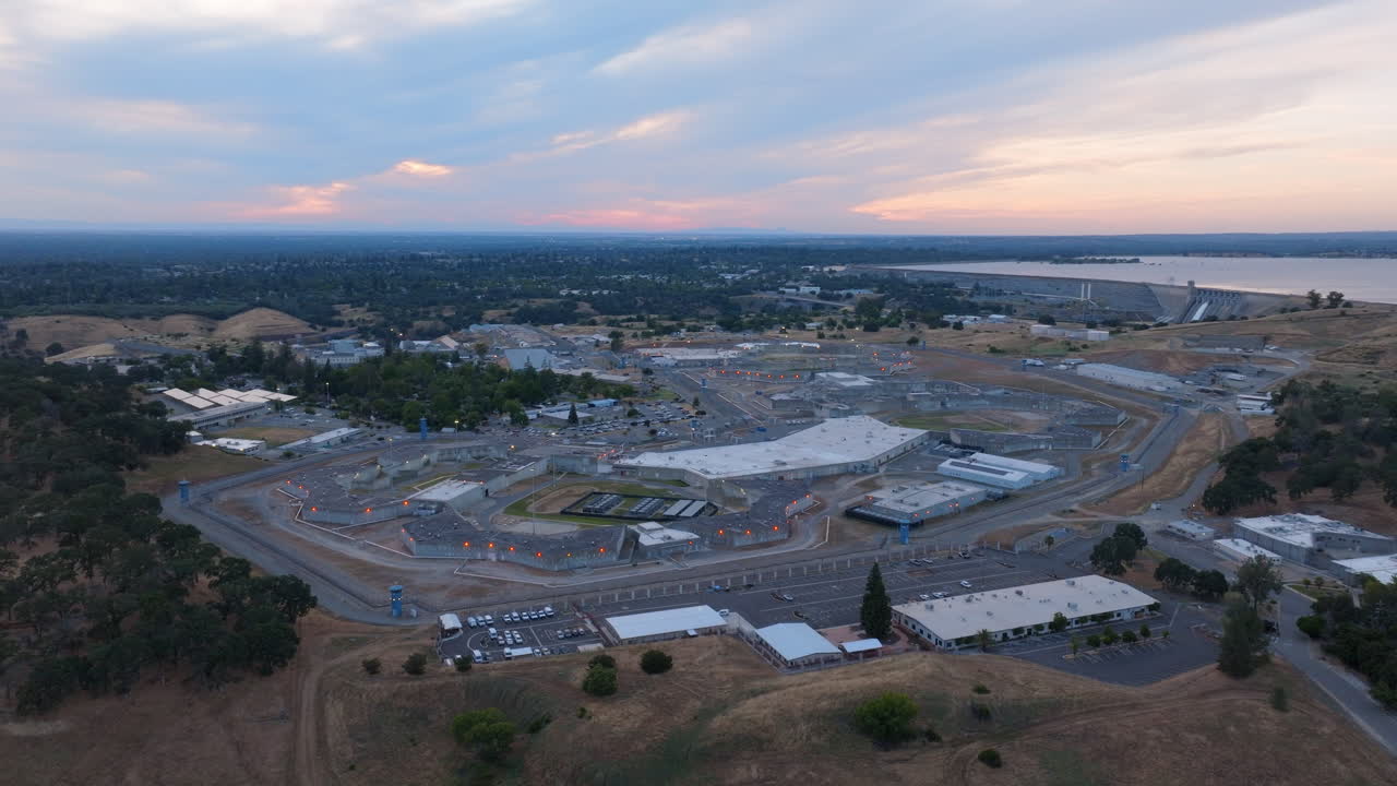 Aerial View of Folsom State Prison and Folsom Dam at Sunset
