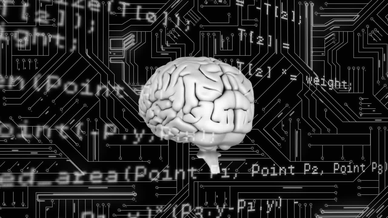 컴퓨터 회로판에 회전하는 회색 뇌