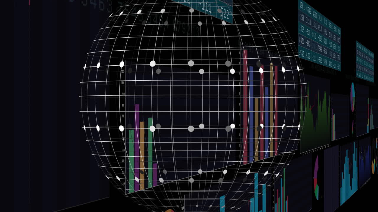 디지털 데이터 처리의 애니메이션과 검은 바탕에 있는 지구