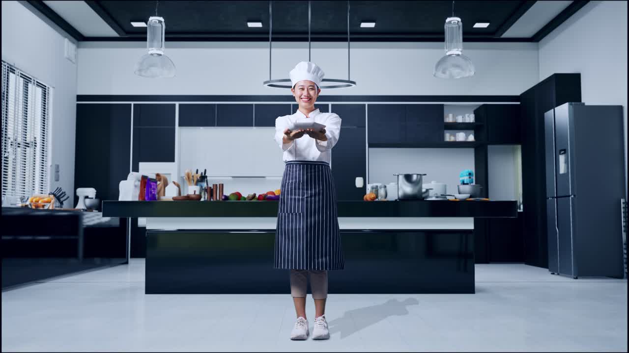 아시아 여성 요리사가 미소 짓고 집 부에서 카메라에 접시를 주는 몸으로 가득 차 있습니다.