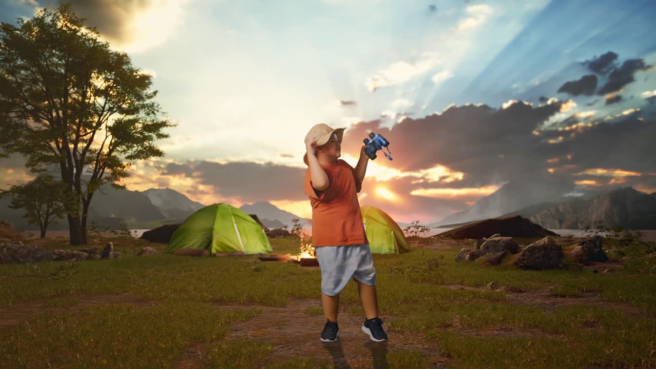 Happy Child Camping at Sunset