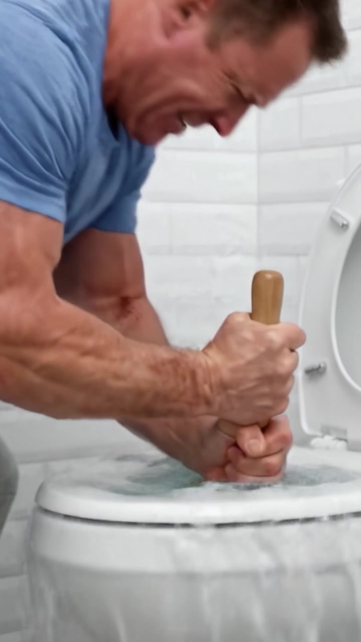 A determined individual using a plunger to unclog a toilet, showcasing technique and effort while addressing a common household plumbing issue in a clean bathroom setting.