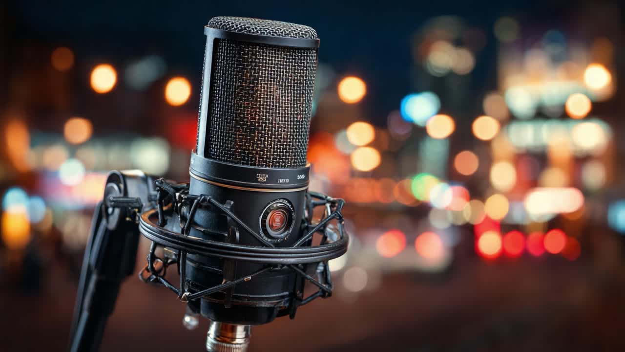 An Elegant Microphone Captured in Urban Ambient Lighting, Perfect for Capturing High-Quality Sound in a Studio or Live Setting