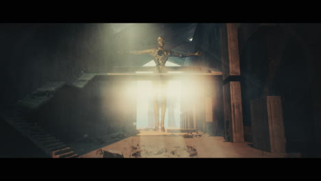 floating figure in a desolate city