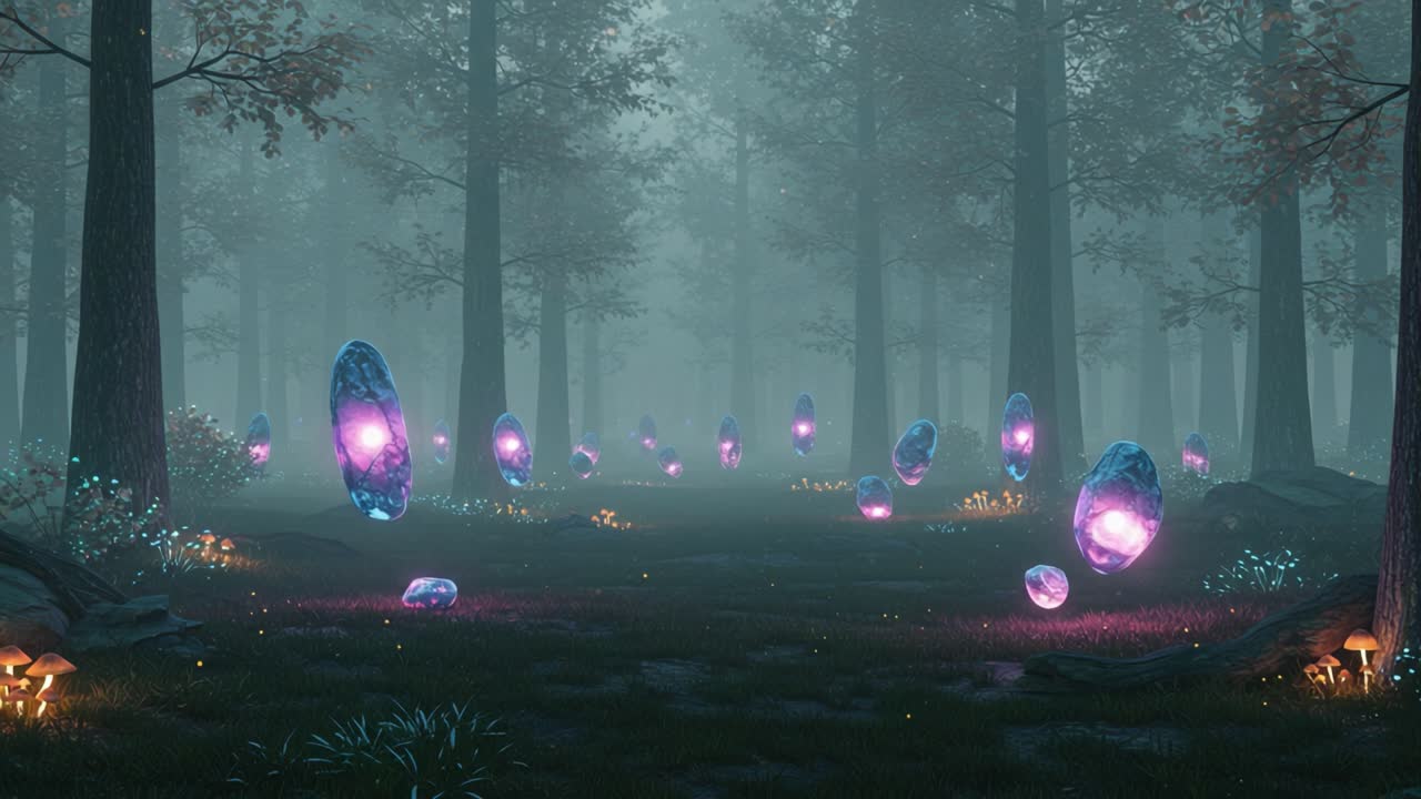 A Mystical Forest Encounter: Glowing Crystals Emerge Amidst the Enigmatic Mist and Towering Trees in a Surreal Landscape of Magic and Wonder