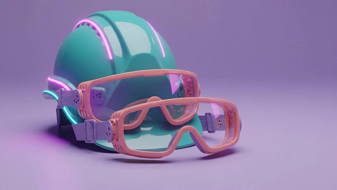 Vibrant Hard Hat and Safety Goggles Set Against a Soft Purple Background, Showcasing Modern Protective Headgear and Eye Protection for Safety.