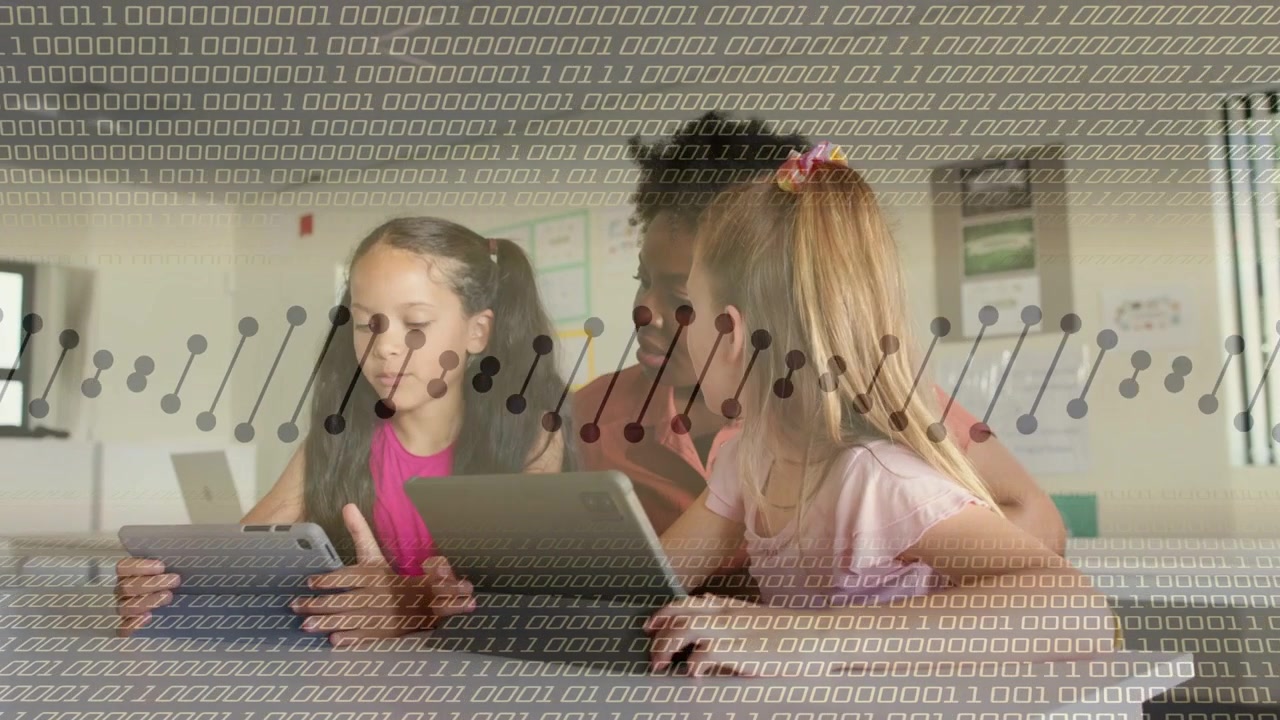 Teacher pointing, guiding students on tablets, overlay showing binary and graph nodes for education
