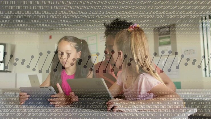 Teacher pointing, guiding students on tablets, overlay showing binary and graph nodes for education