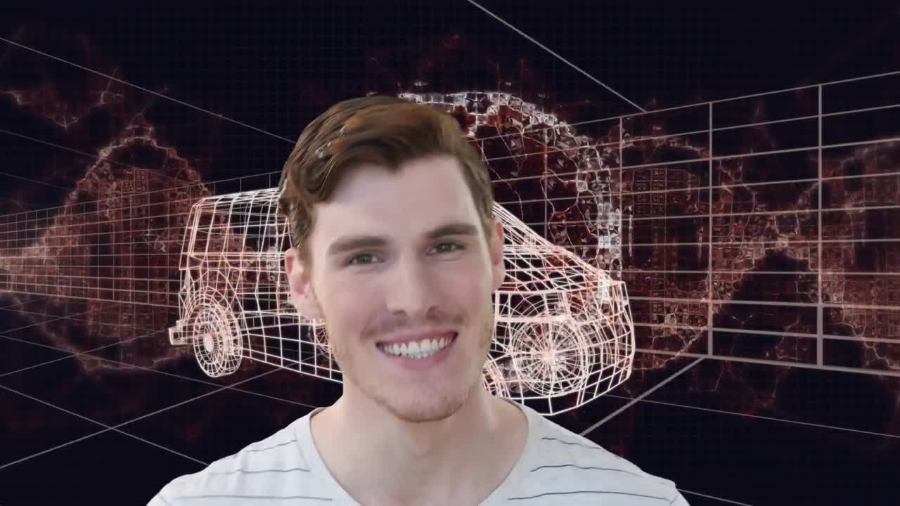 animación de hombre caucásico sobre cadena de adn, cerebro humano, modelo de dibujo 3d de furgoneta y cuadrícula