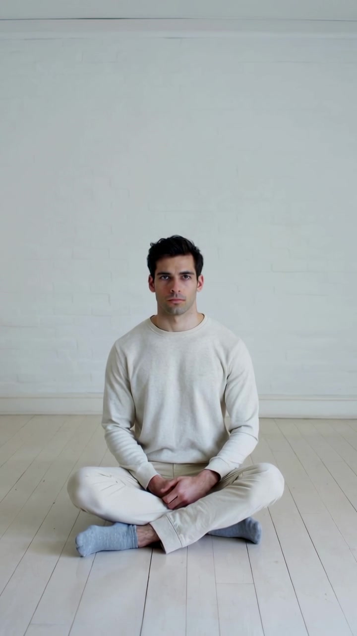 Vertical video: Camera starting man shifting legs crossed on wood floor for portrait in sweater