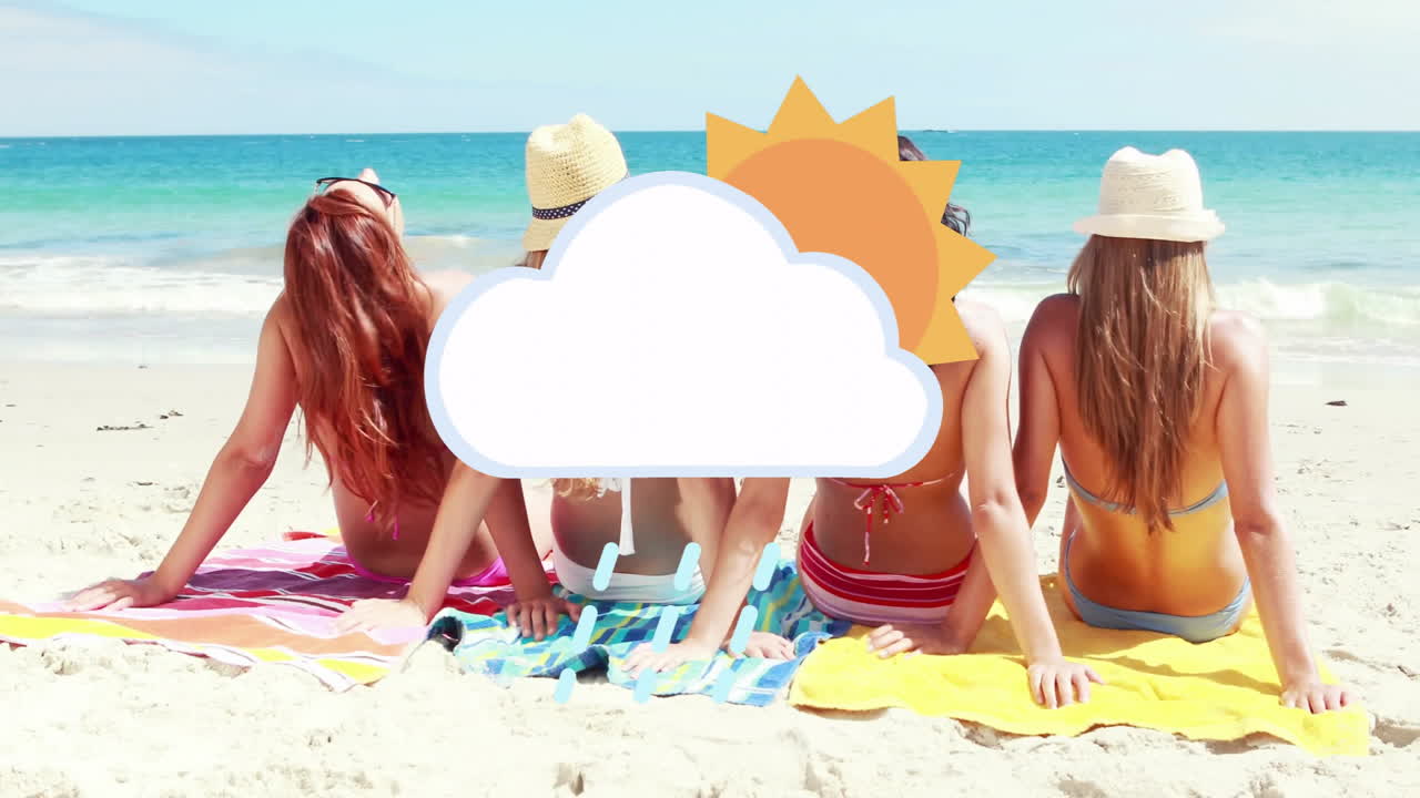 Four women sitting on beach towels with sun and cloud animation overlay
