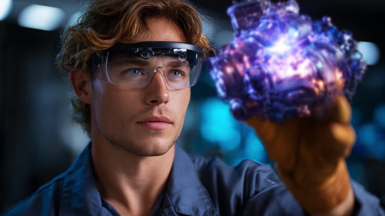 An insightful engineer examines a futuristic glowing device, blending scientific innovation with technological marvels in a high-tech laboratory environment