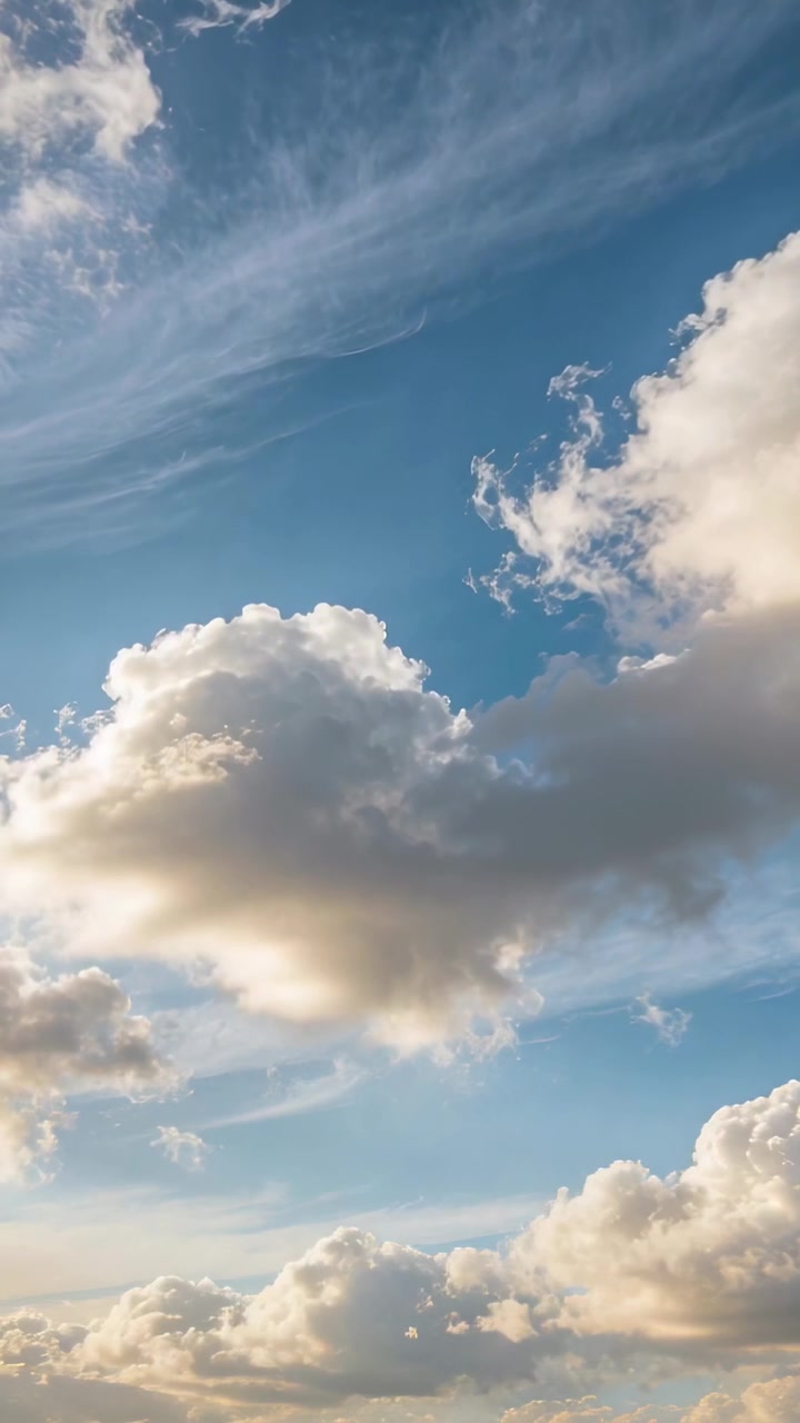 Video verticale: La telecamera inquadra una nuvola cumuliforme illuminata dal sole che si muove e rilascia sbuffi su un cielo azzurro con cirri.