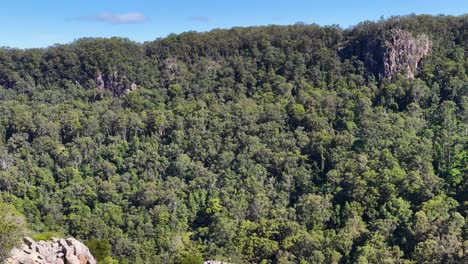 a sweeping view of nimbin rocks with lush greenery and rugged cliffs under clear skies