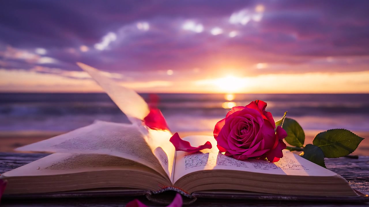 Libro aperto con rosa rosa sulla spiaggia al tramonto