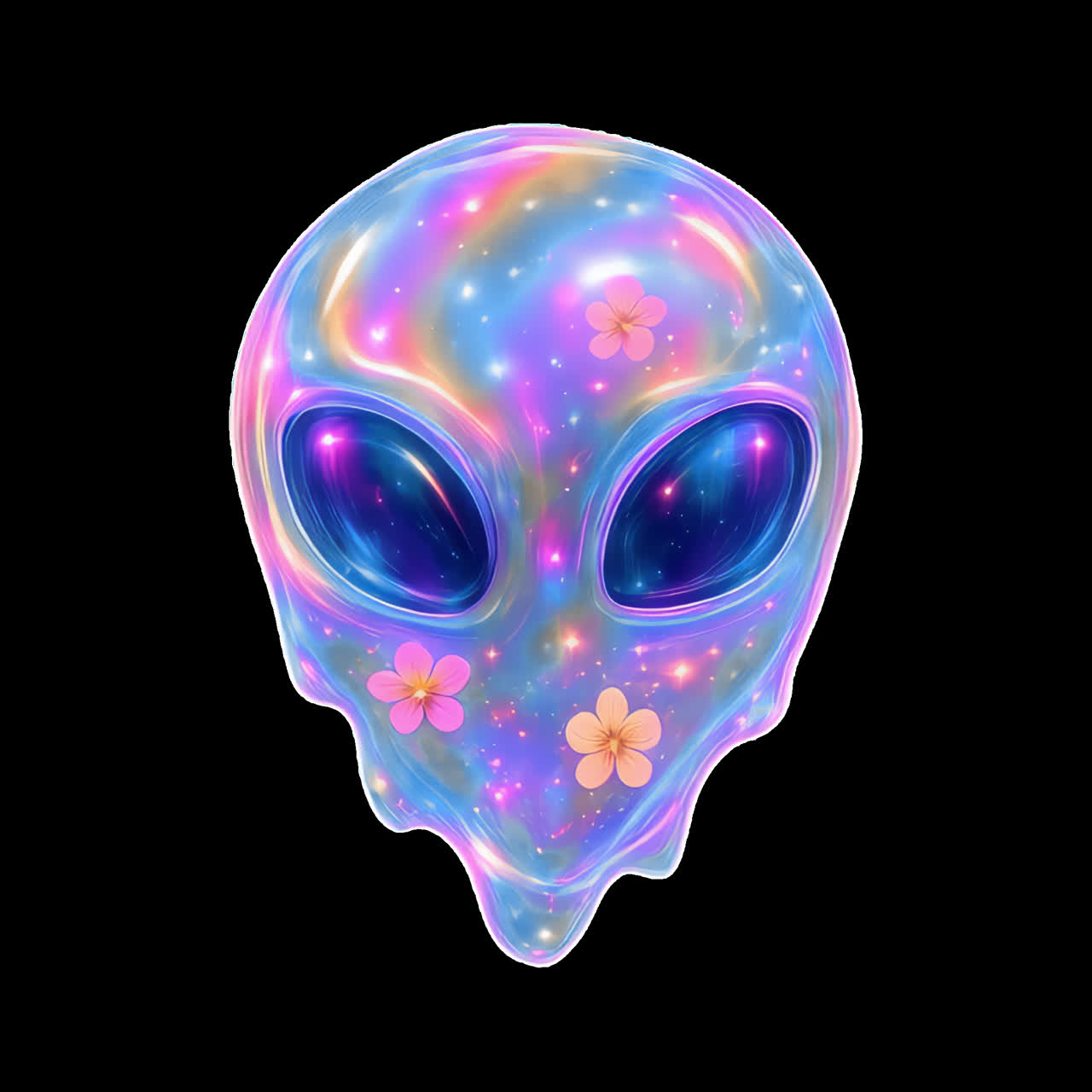 Colorful alien head with flowers animation isolated asset, transparent 4K video, alpha channel