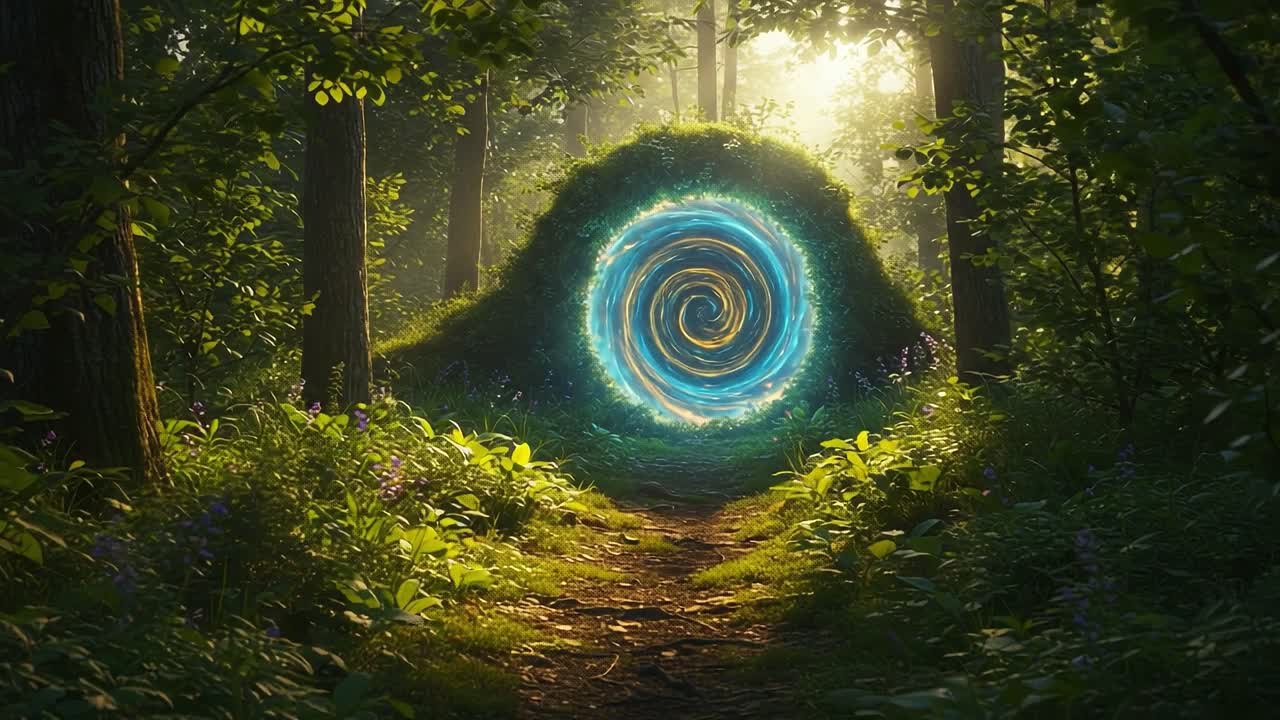 An Enigmatic Portal Emerges from a Lush Forest, Surrounded by Vibrant Greenery and Soft Sunlight, Inviting Exploration into the Unknown Beyond Its Mystical Swirl