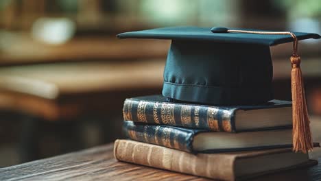 graduation cap on top of books