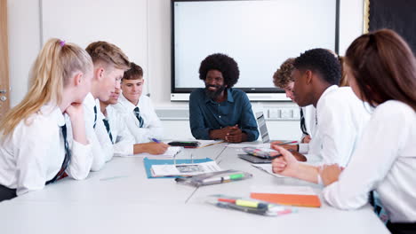 male high school teacher sitting at table with teenage pupils wearing uniform teaching lesson