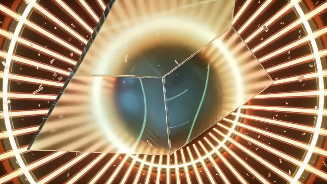 Crossing angled glass shard rotating and folding over neon ring, exposing bluish core and fragments