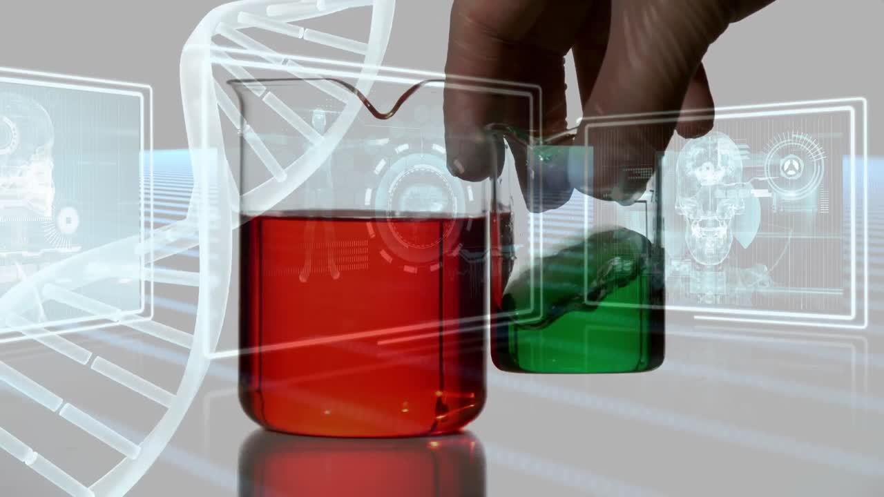 animación de la cadena de adn y procesamiento de datos sobre vasos con líquido
