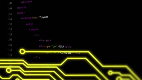 animation of warning text, computer circuit board and data processing over grid