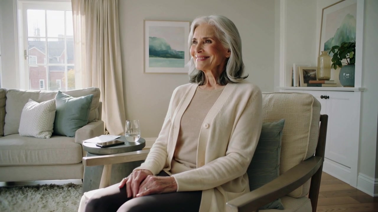 Raising hand after pause, senior woman brushing hair at home in cardigan with remote, copy space