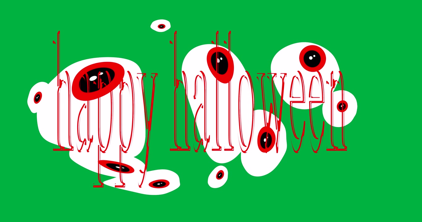 Animation af glad halloween og øjne på hvid baggrund.
