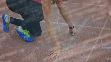 Animation-of-graphs-and-connecting-dots-moving-over-caucasian-female-sprinter-at-starting-line