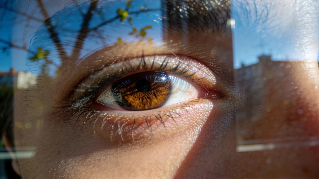 Messa a fuoco della fotocamera, occhio destro vicino a vetro illuminato dal sole, sguardo che si sposta osservando un albero e un edificio basso.