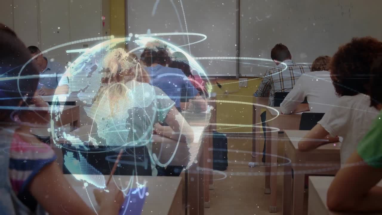 animación del globo girando sobre los estudiantes aprendiendo