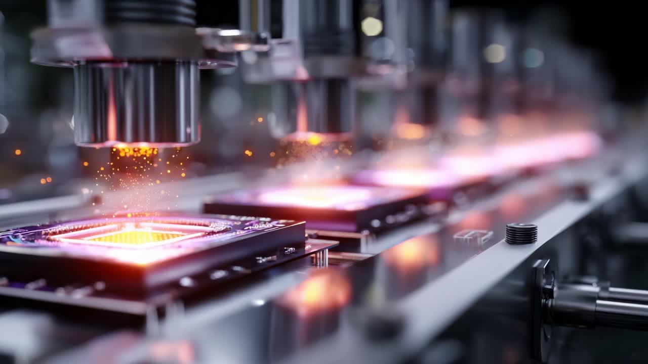 Advanced Manufacturing Process Showcasing Precision Machinery in Action, Highlighting the Intricate Steps of Semiconductor Production with Luminous Elements and High-Tech Equipment Engaging in Silicon Chip Fabrication