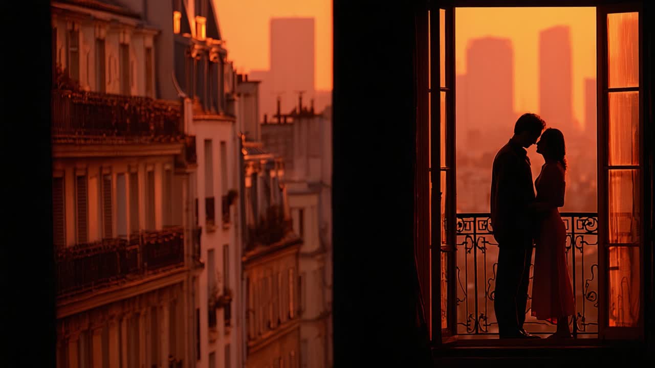 Un abbraccio romantico al tramonto tra due silhouette incorniciate da un balcone in un contesto urbano, immerso in calde tonalità arancioni e gialle, che cattura l'amore e l'intimità