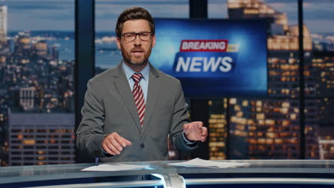man newsreader reporting live program at newscast multimedia channel closeup