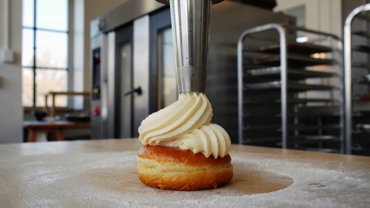 Beccuccio da pasticceria che scende erogando crema su una singola ciambella su un tavolo infarinato, creando una rosetta