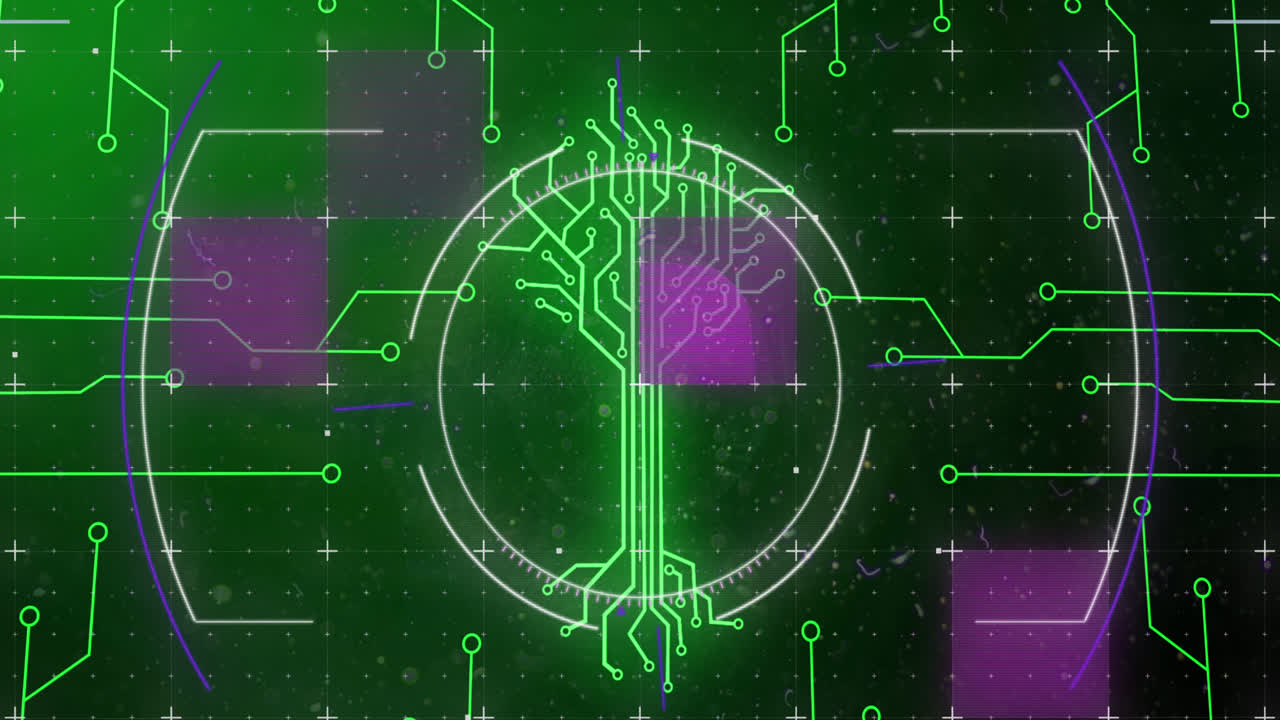 Animation of integrated circuit over data processing on digital screen with circles and glitch