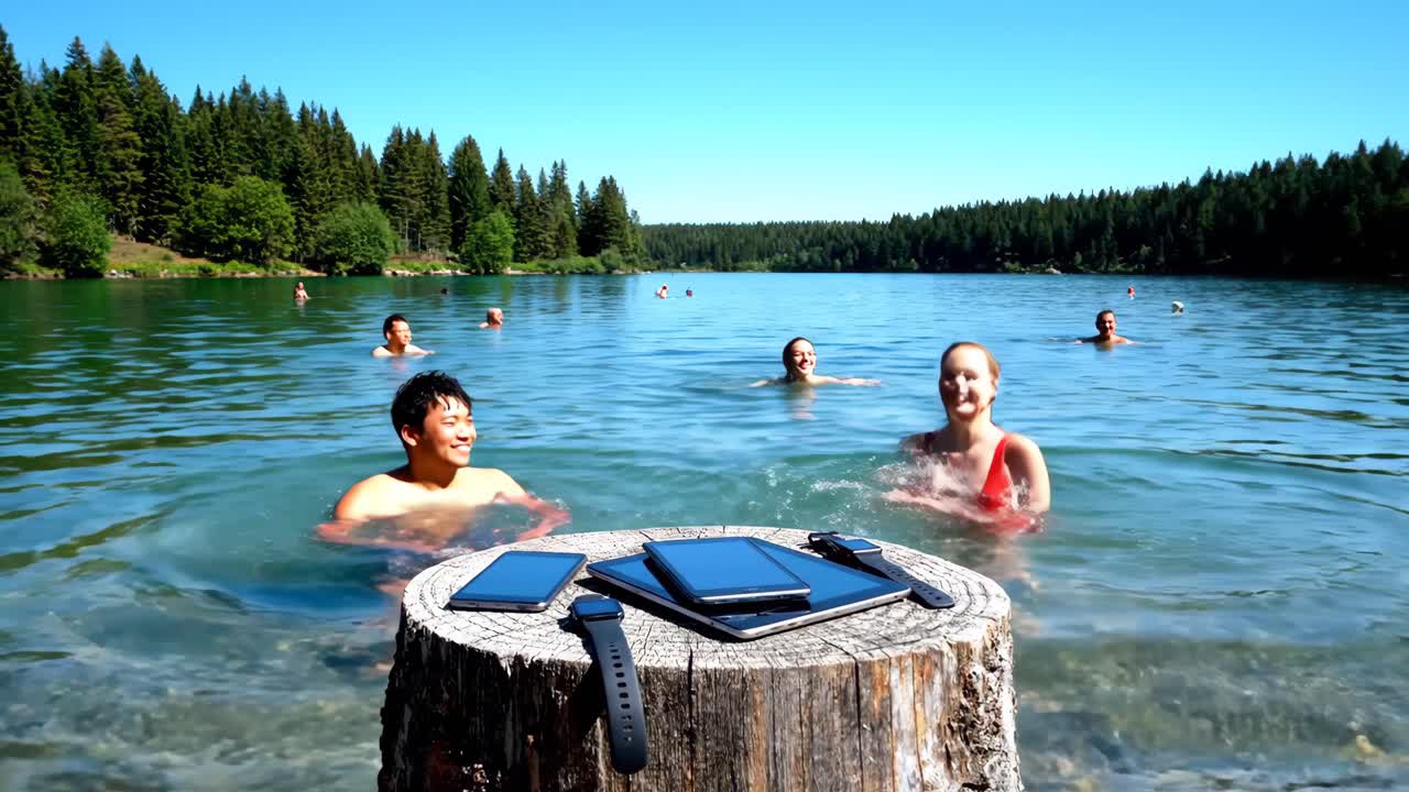 People Swimming in a Lake with Technology on a Stump