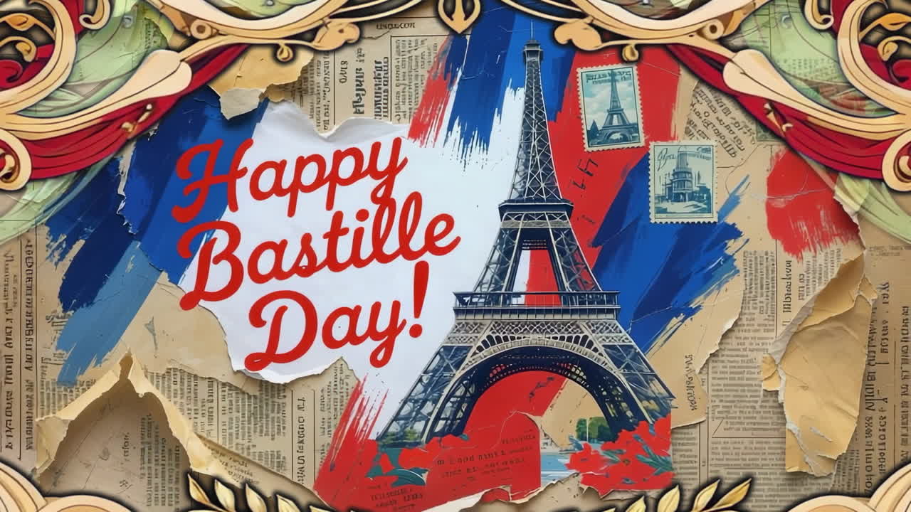 Happy Bastille Day with Eiffel Tower and French Flag