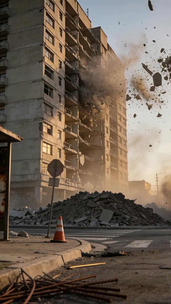 Vertical video: Following mid-floor blast, building ejecting slabs at street, scattering rebar