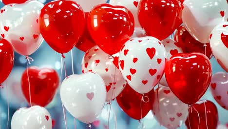 un montón de globos en forma de corazón rojo y blanco flotando en el aire