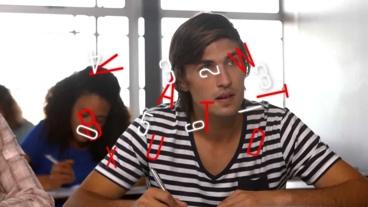 animación de números y letras sobre estudiantes varones y mujeres en la escuela