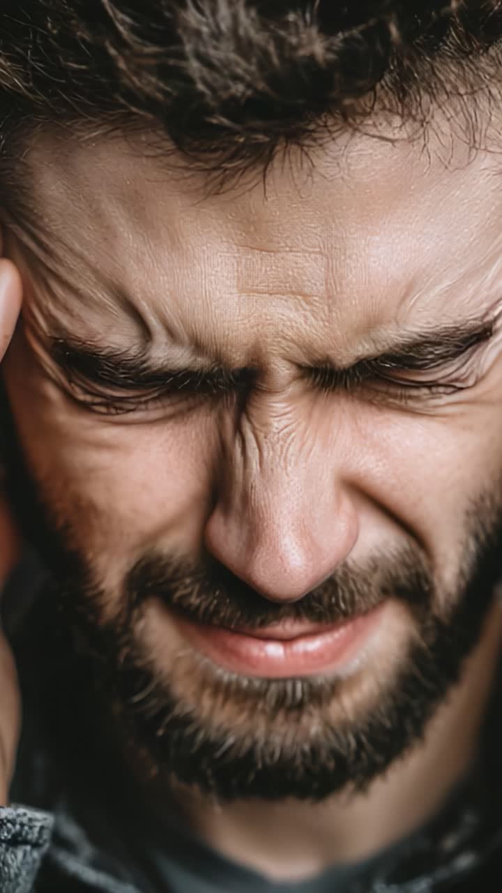 Un uomo alle prese con un conflitto interiore, emotivamente sopraffatto in un momento di angoscia, che illustra le profondità dell'esperienza e della vulnerabilità umana