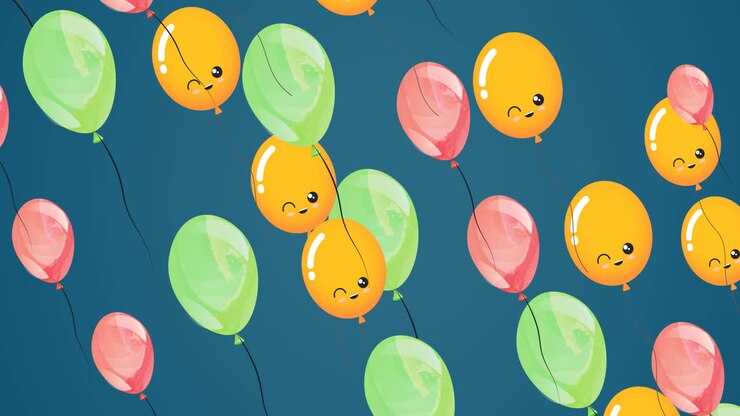 Animazione di palloncini colorati con faccine che volano su sfondo blu