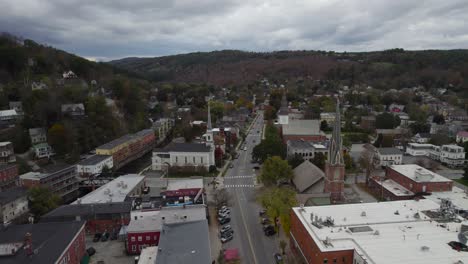 drone flying over city streets in montpelier, vermont