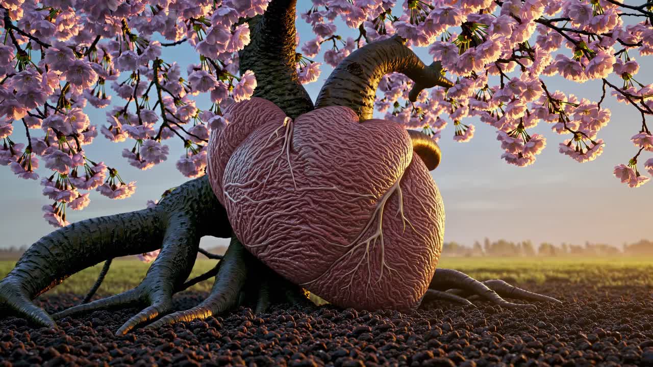 Hjerteformet tre med kirsebærblomster
