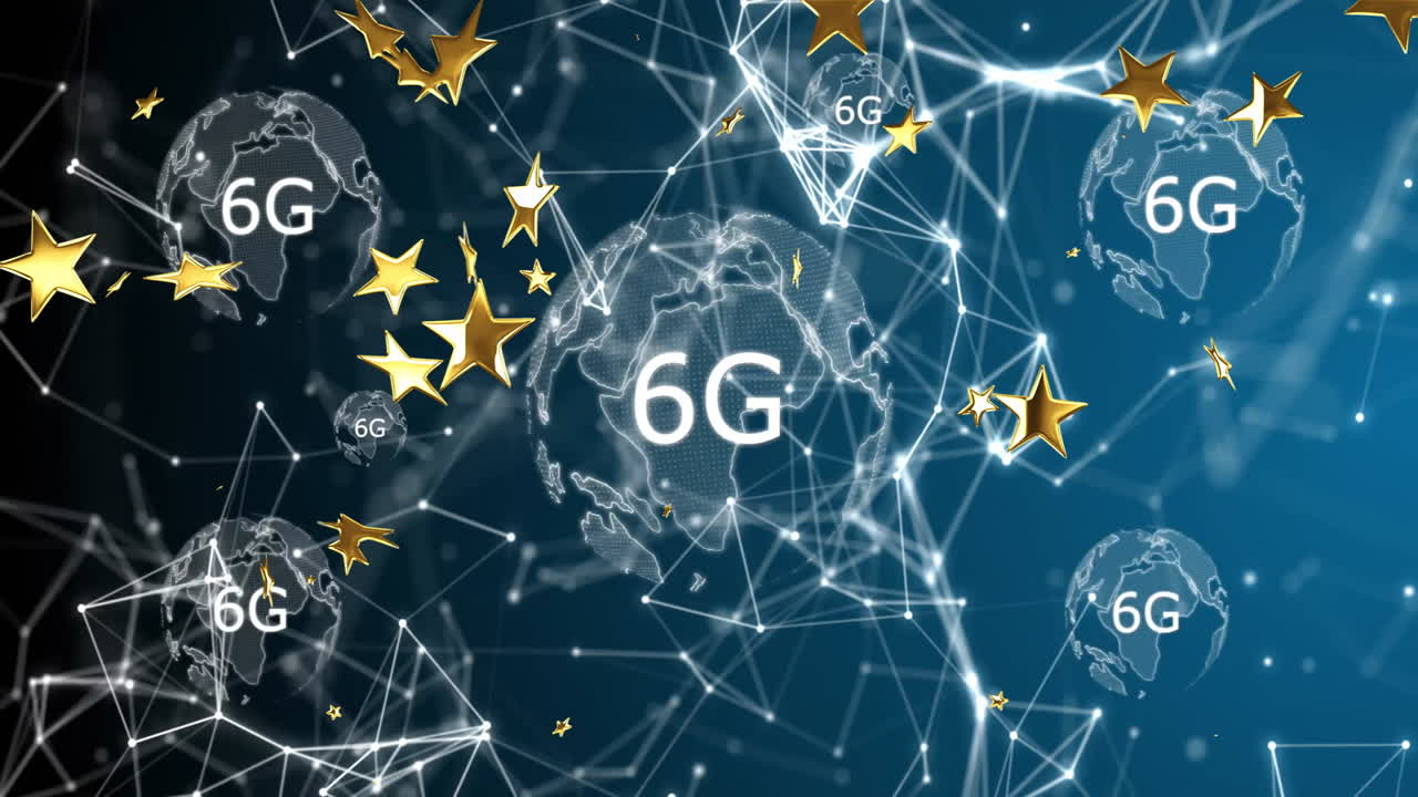 Animation of 6G text and stars over digital network of connected globes